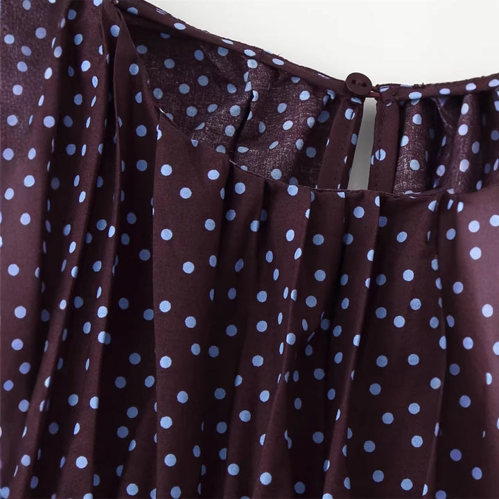 Women gathered polka dot top with elastic smocked body, balloon sleeves and ruffle hem Mune Fashion