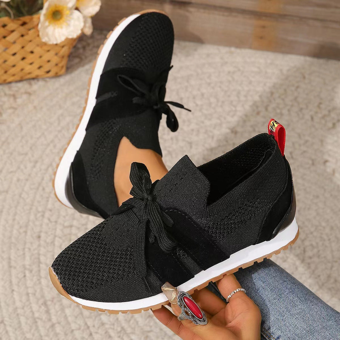 Women knitted slip-on sneakers with decorative lacing, padded comfort insole, and non-slip rubber outsole Mune Fashion