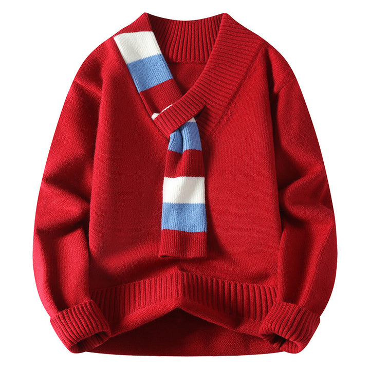 Men's V-neck knitted sweater with integrated contrast stripe scarf and ribbed cuffs Mune Fashion