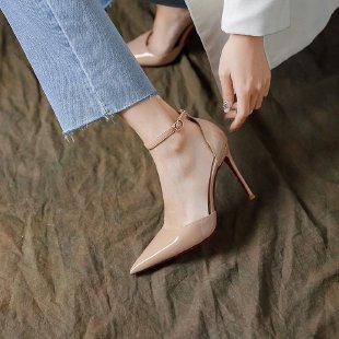 Women's Elegant Patent Stiletto Pumps with Ankle Strap, Pointed Toe Shape and Red Sole Mune Fashion