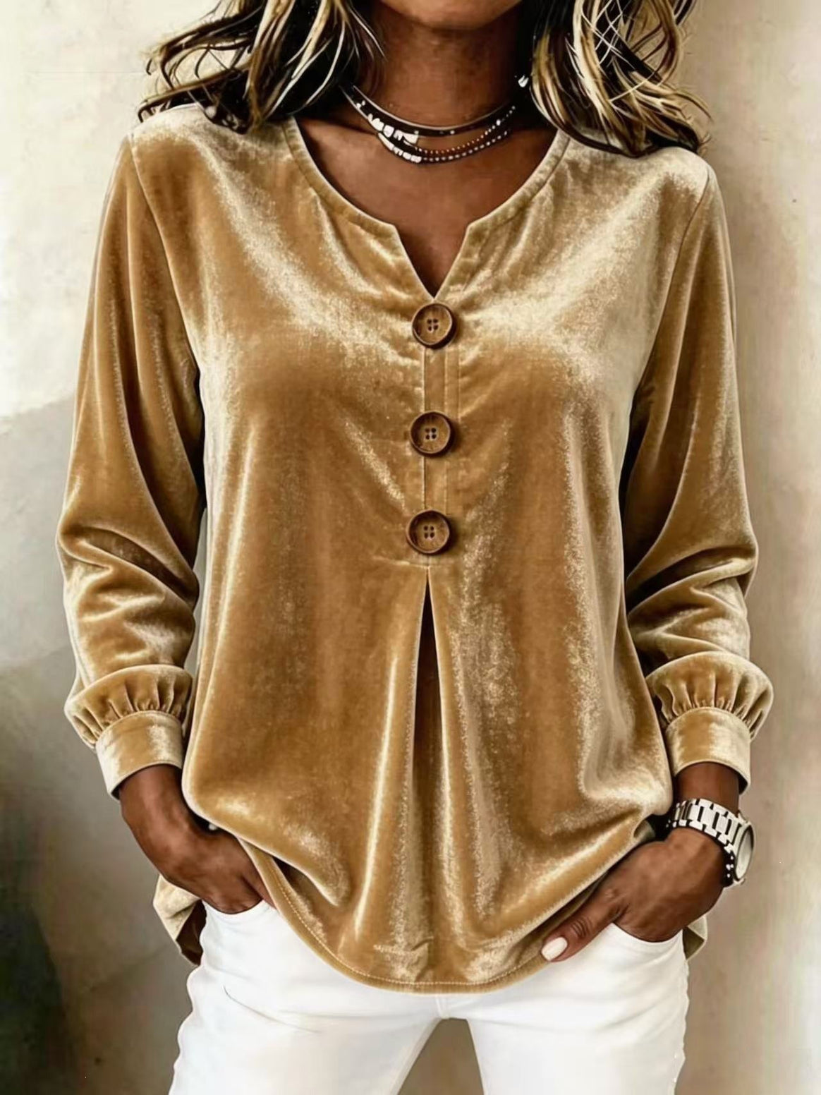 Women's Velvet Tunic with Decorative Buttons and Gathered Sleeve Cuffs Mune Fashion