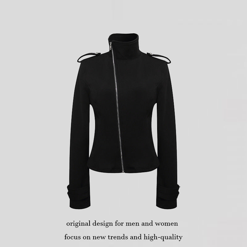Women Fitted Zip Jacket with Stand-Up Collar, Asymmetrical Zipper and Epaulettes Mune Fashion