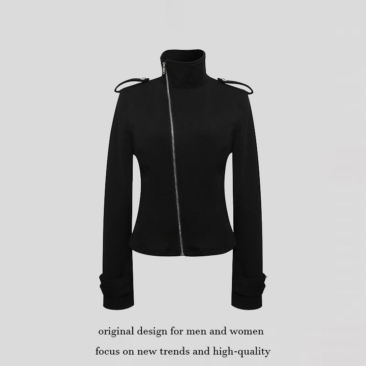 Women Fitted Zip Jacket with Stand-Up Collar, Asymmetrical Zipper and Epaulettes Mune Fashion