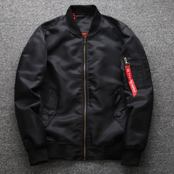 Men's modern bomber jacket with metal zipper, utility arm pocket and ribbed cuffs