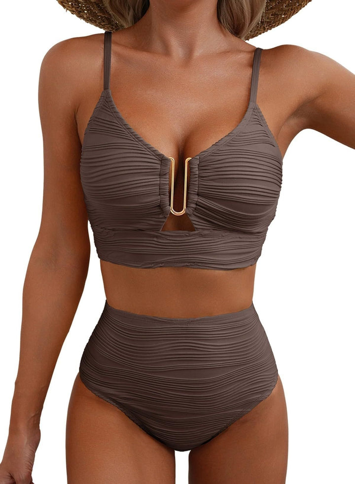 Women's High-Waisted Bikini Set with Fashionable Cut-Out Mune Fashion