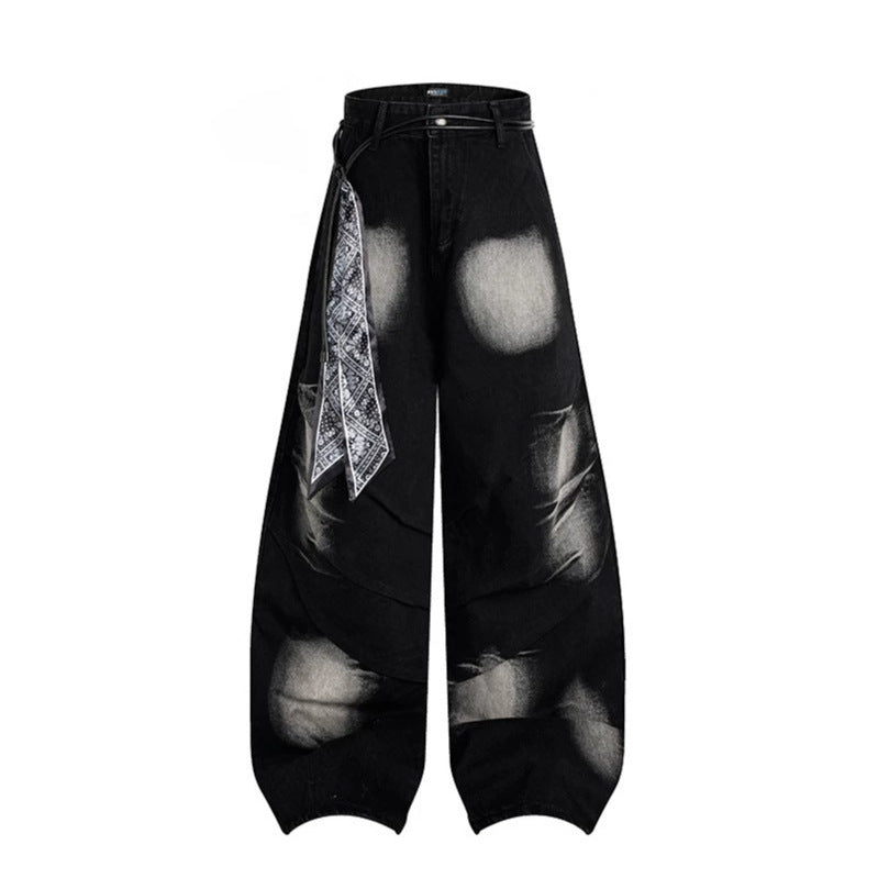 Women's extra wide distressed jeans in baggy cut with tie-dye wash and scarf belt Mune Fashion