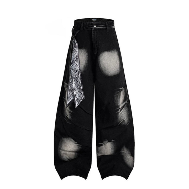 Women's extra wide distressed jeans in baggy cut with tie-dye wash and scarf belt Mune Fashion