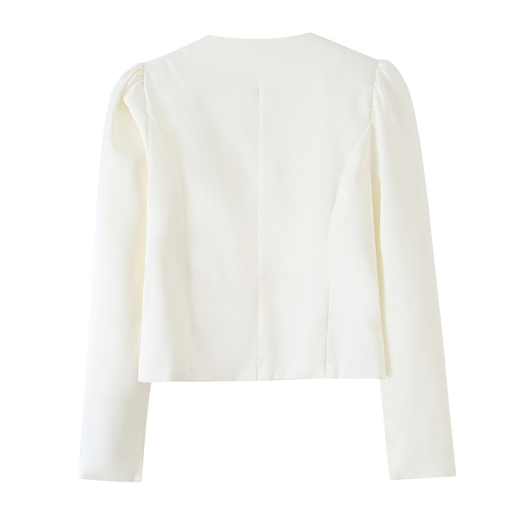 Women's Tailored Short Blazer with Puff Sleeves and Covered Buttons Mune Fashion
