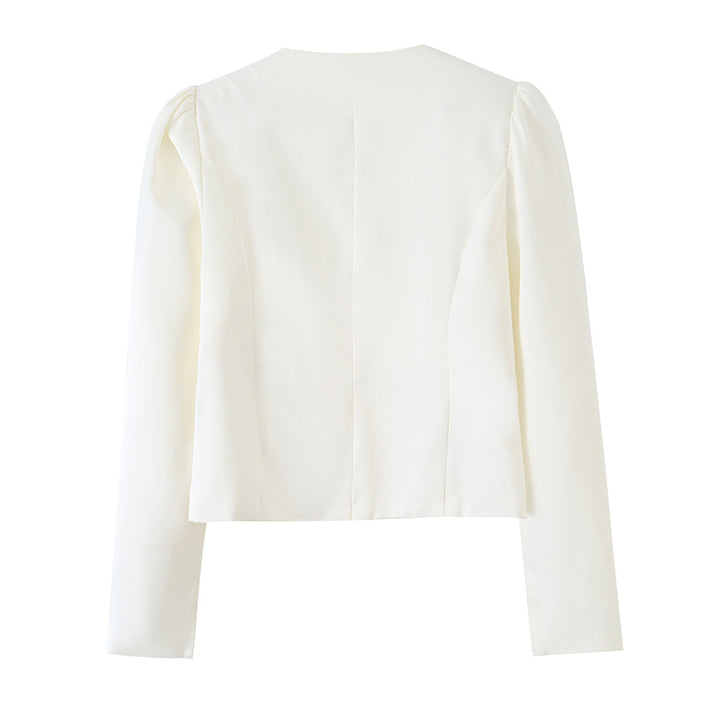 Women's Tailored Short Blazer with Puff Sleeves and Covered Buttons Mune Fashion