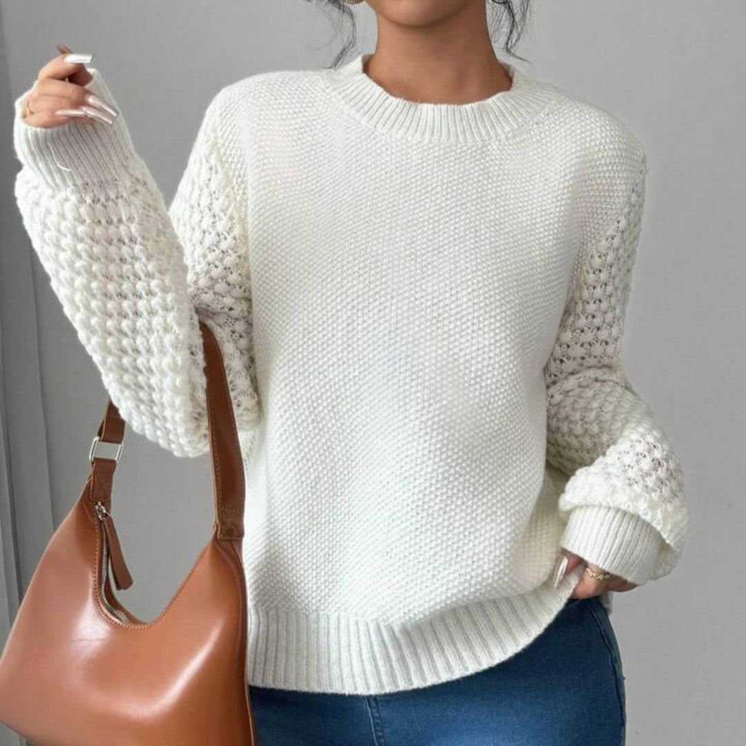 Women's Structured Chunky Knit Sweater with Lacy Sleeves and Ribbed Hem Mune Fashion