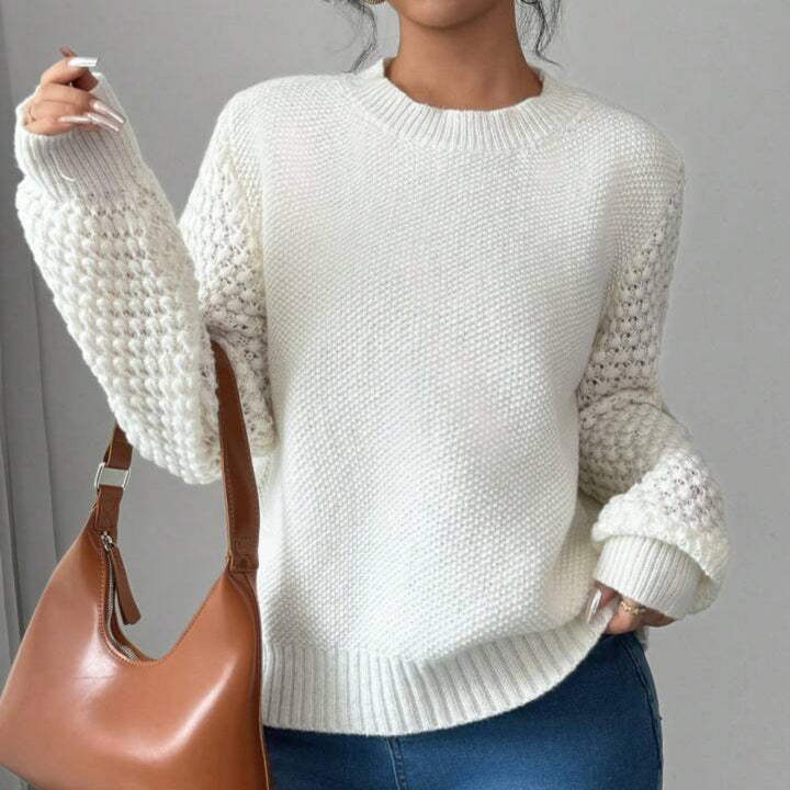 Women's Structured Chunky Knit Sweater with Lacy Sleeves and Ribbed Hem Mune Fashion