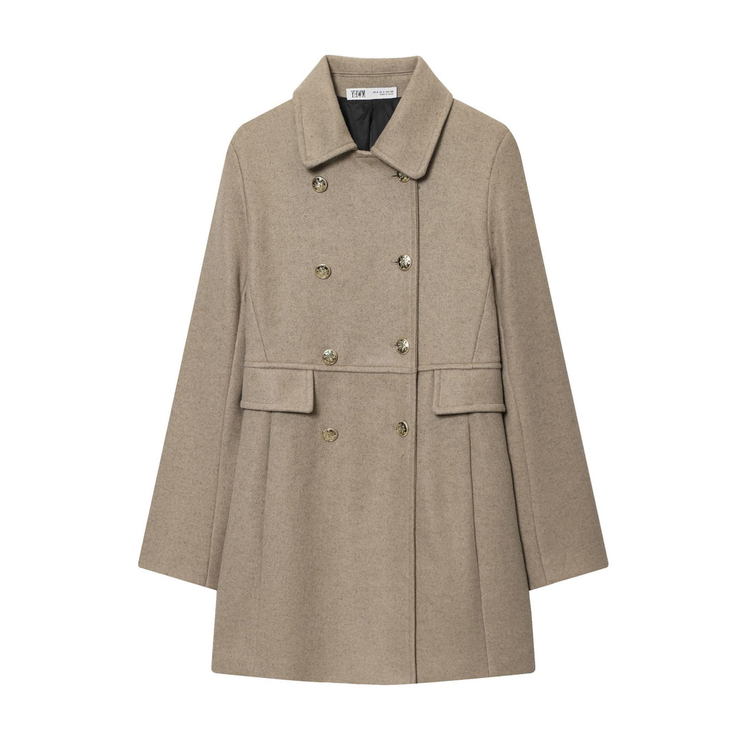 Women Double-breasted Wool Coat with Flared Pleated Skirt and Golden Decorative Buttons Mune Fashion