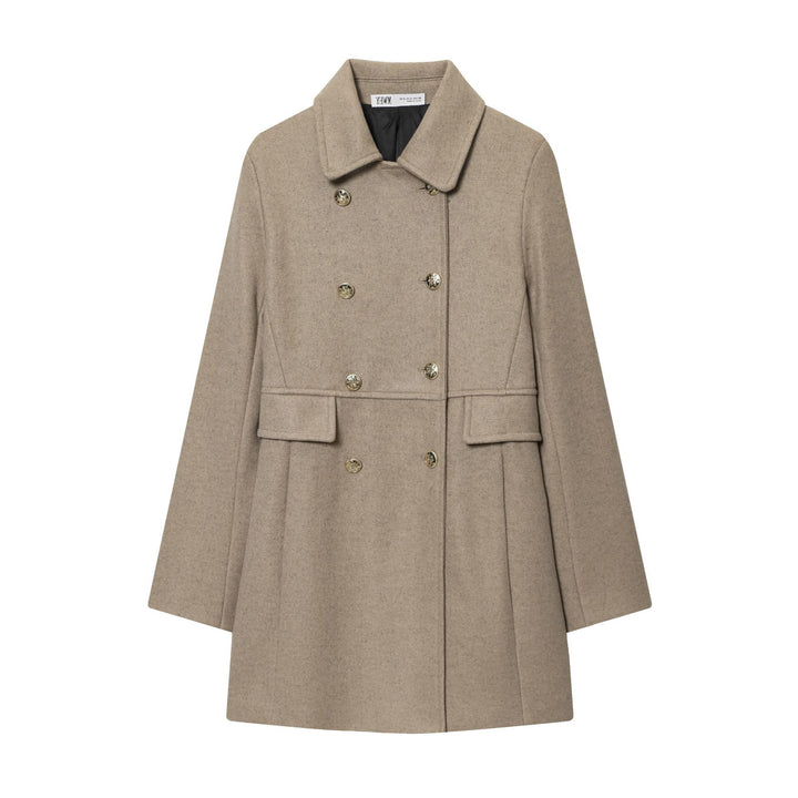 Women Double-breasted Wool Coat with Flared Pleated Skirt and Golden Decorative Buttons Mune Fashion