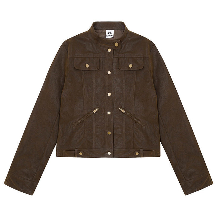Women Short Cut Faux Leather Jacket in Vintage Moto Style Mune Fashion