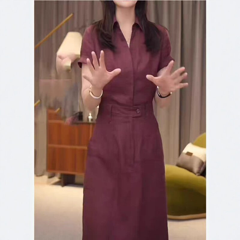 Women Tailored Shirt Blouse Midi Dress with Concealed Button Placket and Waist Pass Mune Fashion