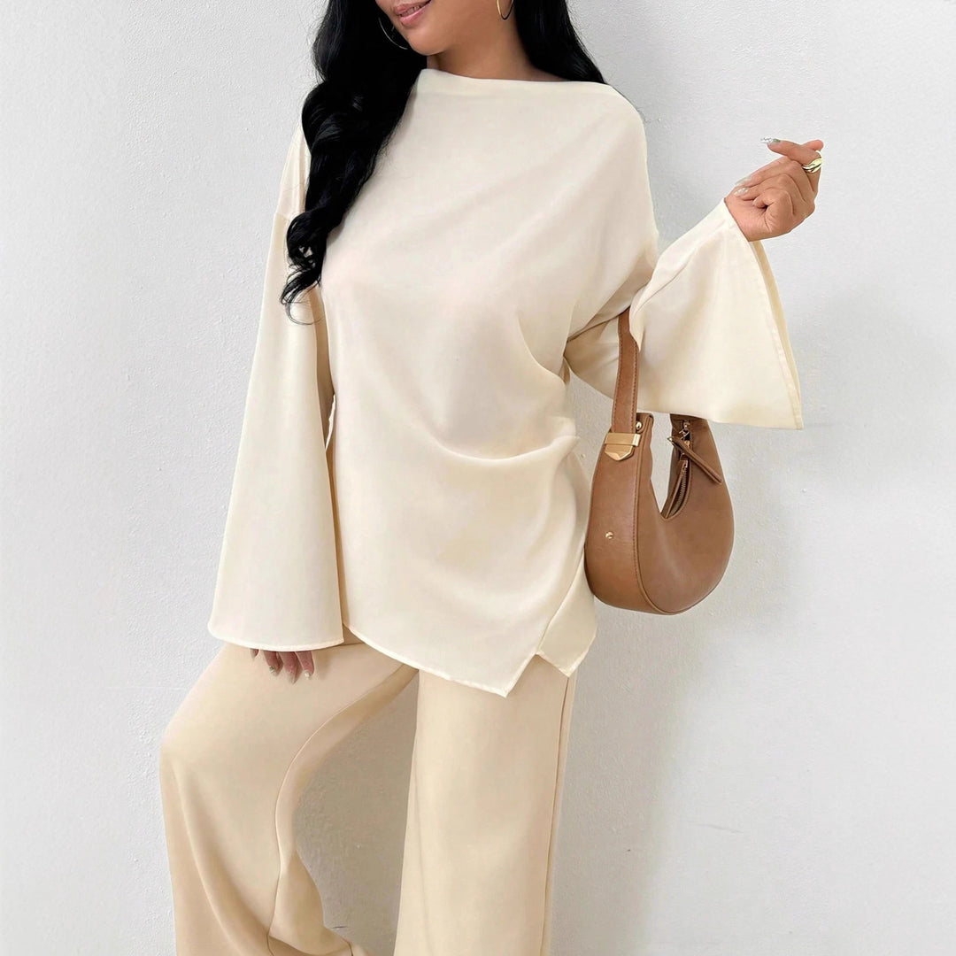 Women oversized satin tunic with boat neck and wide trumpet sleeves Mune Fashion