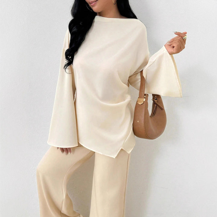 Women oversized satin tunic with boat neck and wide trumpet sleeves Mune Fashion