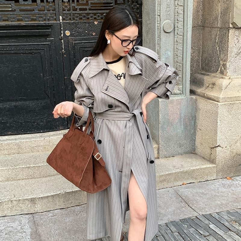 Women’s Long Pinstripe Trench Coat with Tie Belt Shoulder Straps and Flared Hem Mune Fashion