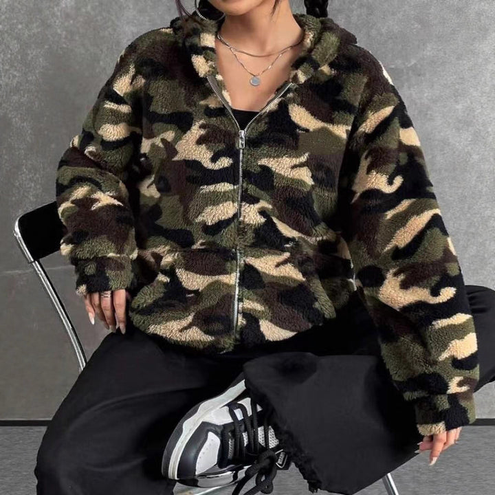 Women's Teddy-Fleece Hooded Jacket in Camouflage Look Mune Fashion