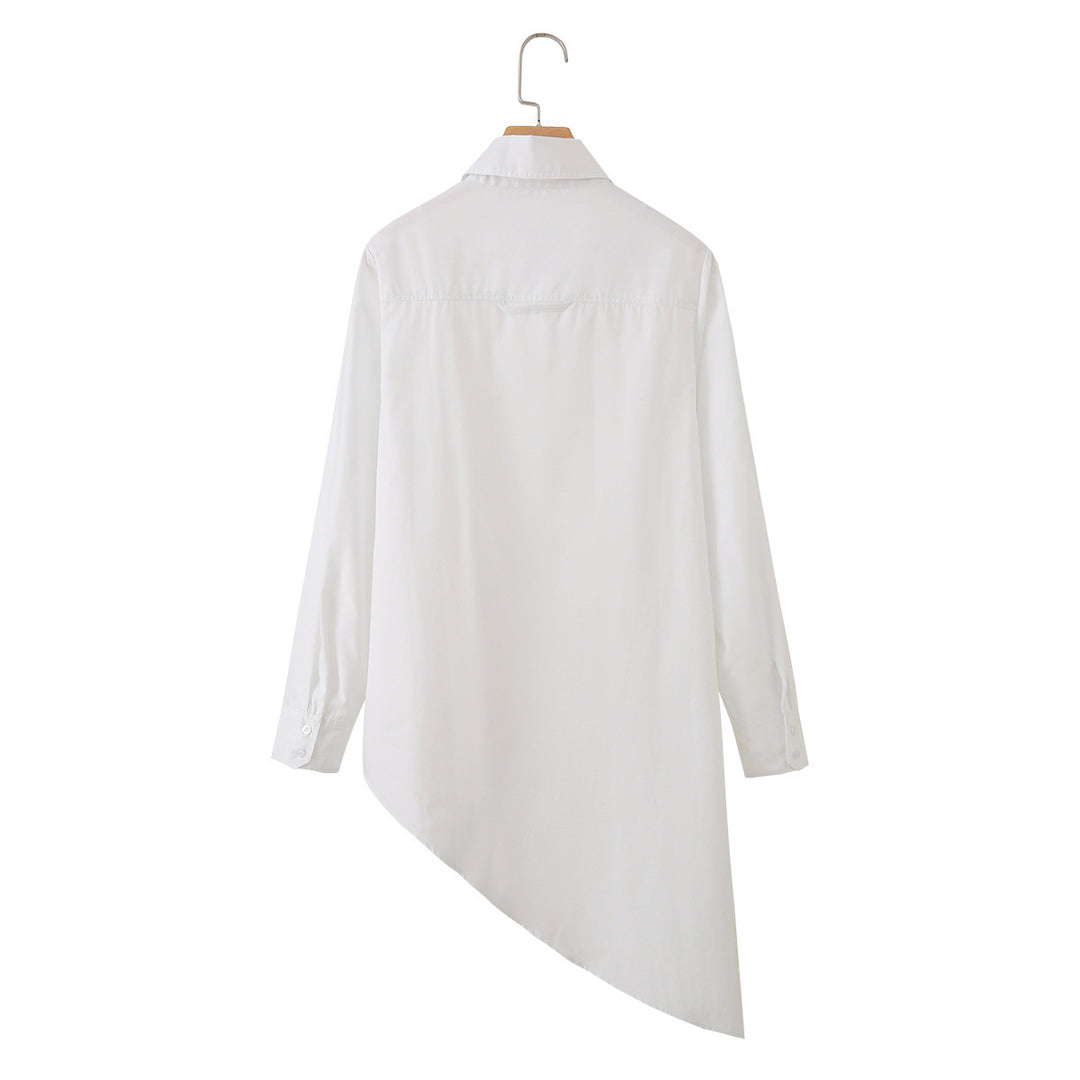 Women Asymmetric Oversized Shirt Blouse with Side Drape and Hidden Button Placket Mune Fashion