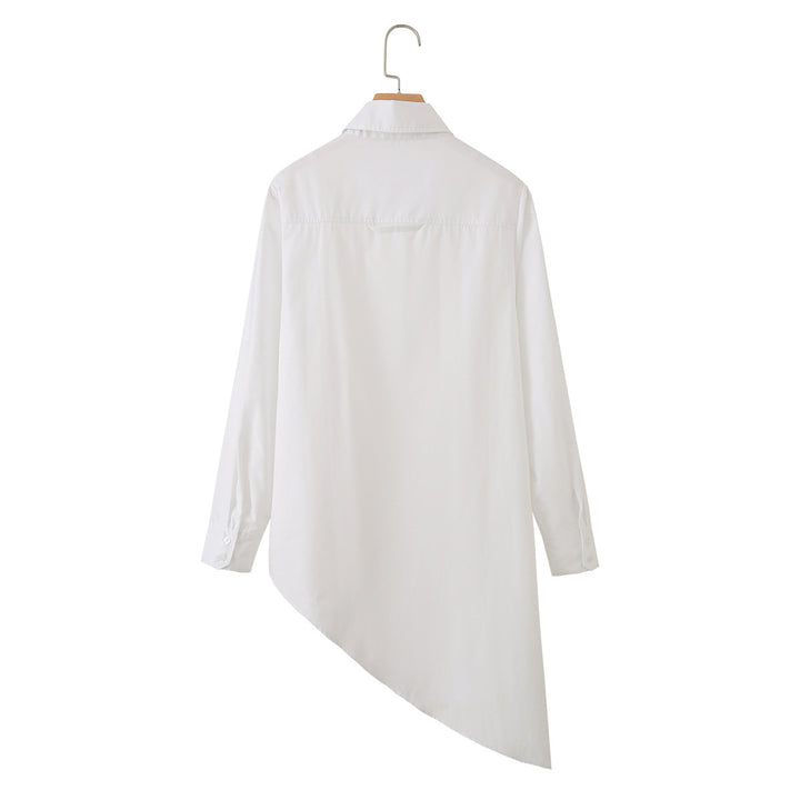 Women Asymmetric Oversized Shirt Blouse with Side Drape and Hidden Button Placket Mune Fashion