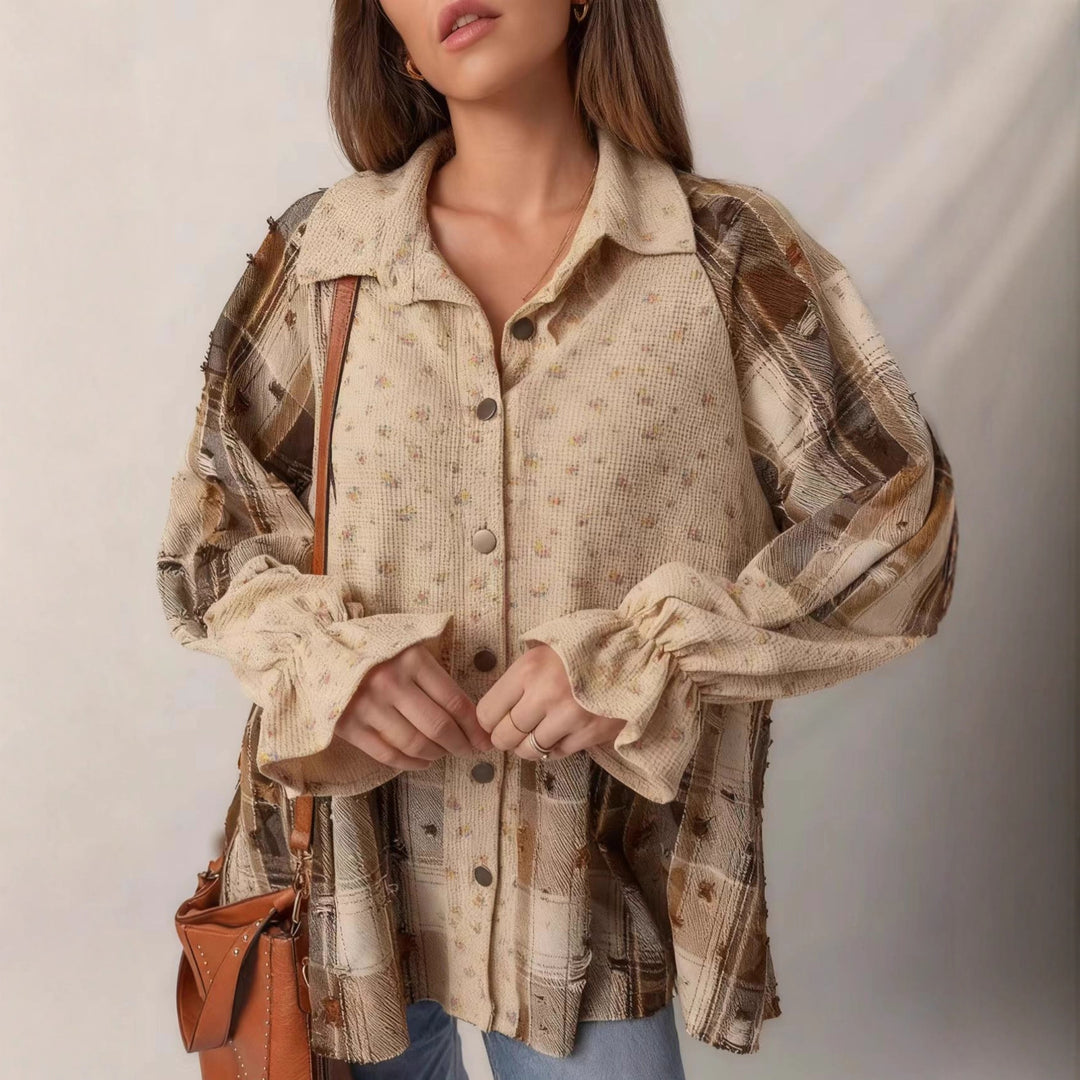 Women's patchwork blouse jacket with pleated hem and button placket Drune