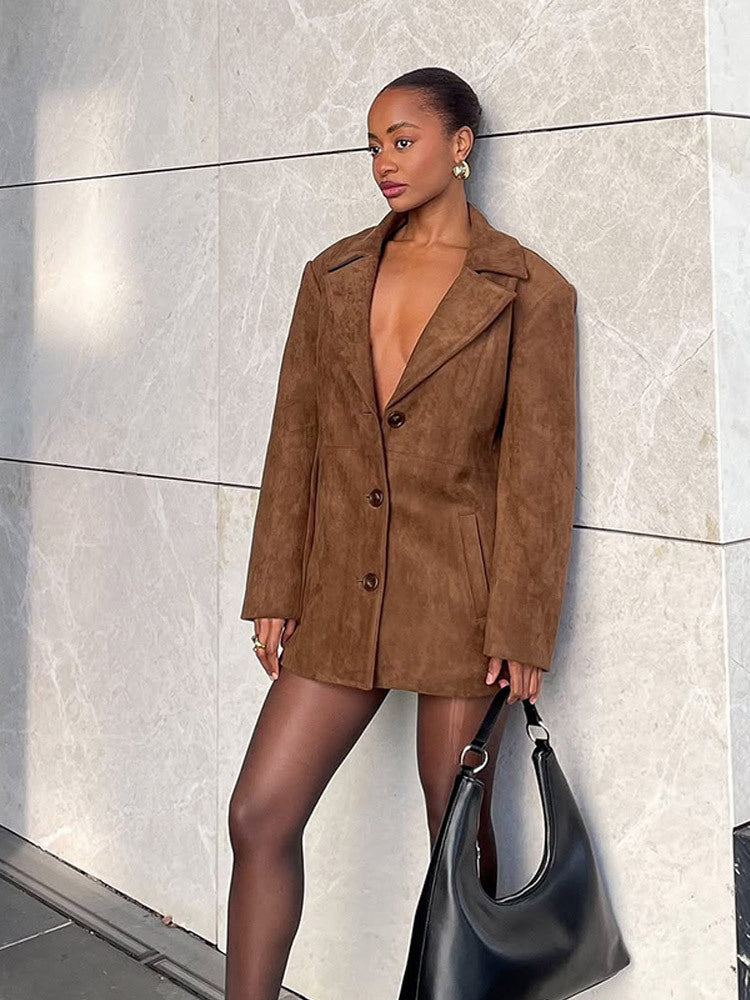 Women Short Suede Blazer Coat with Boxy Oversized Silhouette and Lapel Collar Mune Fashion