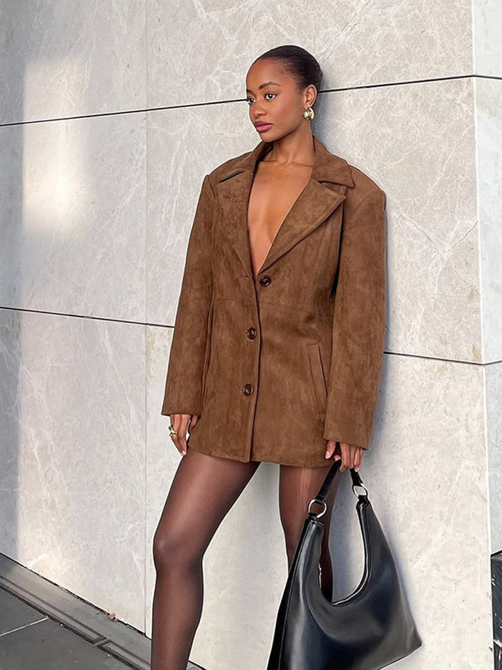 Women Short Suede Blazer Coat with Boxy Oversized Silhouette and Lapel Collar Mune Fashion