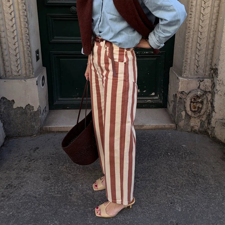 Women's Striped High-Waist Linen Pants with Wide Leg Mune Fashion