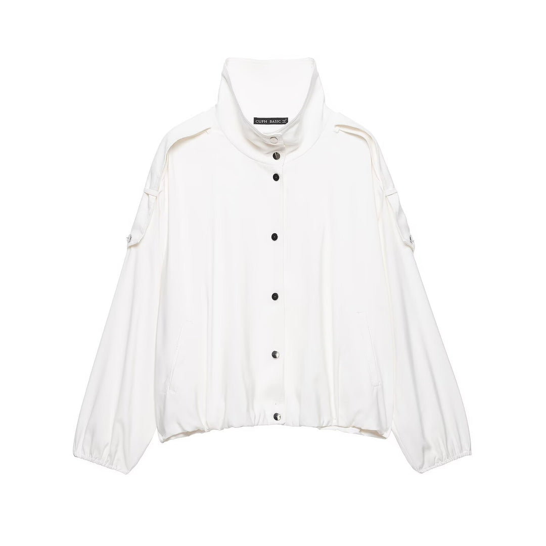 Women Oversize Blouson Jacket with Stand-Up Collar and Snap Front Mune Fashion