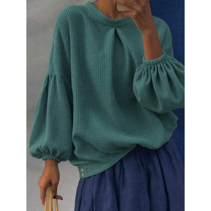 Women Oversize Waffle Knit Sweater with Balloon Sleeves and Pleat Mune Fashion
