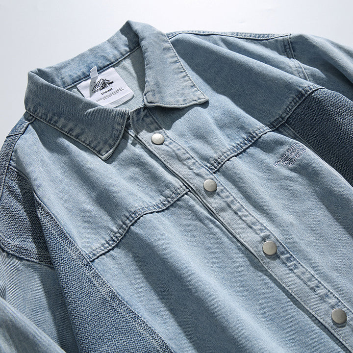 Unisex Oversized Jeans Jacket with Contrasting Woven Panels and Snap Button Closure Mune Fashion