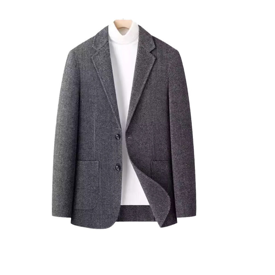 Men's Herringbone Wool Blazer with Lapel Collar and Patch Pockets Mune Fashion