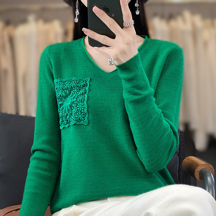 Women's Cashmere-Look V-Neck Sweater with Floral Crochet Appliqué Mune Fashion
