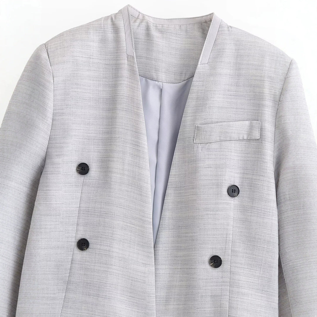 Women Short-Cut Collarless Blazer with Double-Breasted Button Placket and Textured Fabric Mune Fashion