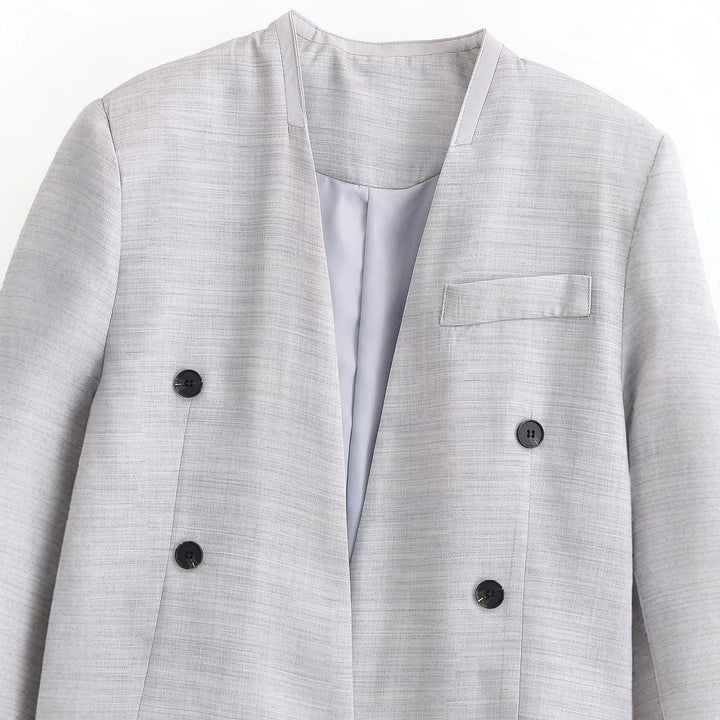 Women Short-Cut Collarless Blazer with Double-Breasted Button Placket and Textured Fabric Mune Fashion