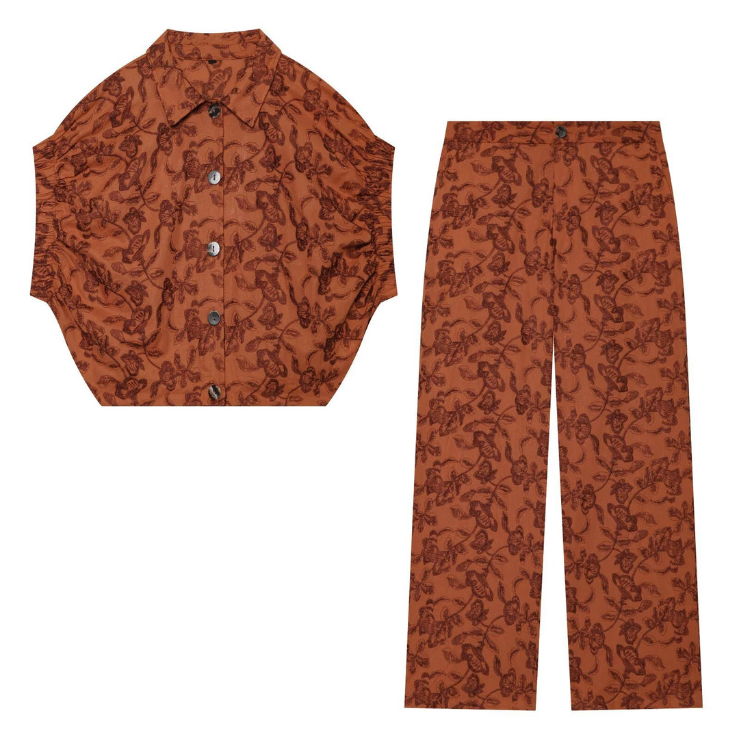Women's Wide Jacquard Trousers with High Waist and Floral Pattern Mune Fashion