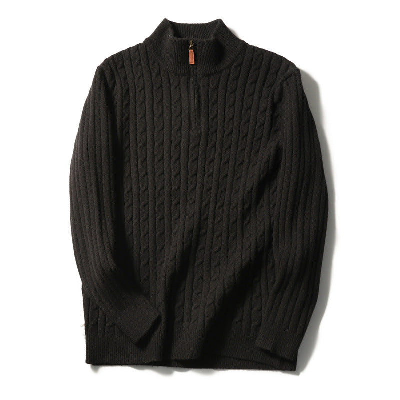 Men's fine knit pullover with cable pattern and half zip stand-up collar Mune Fashion