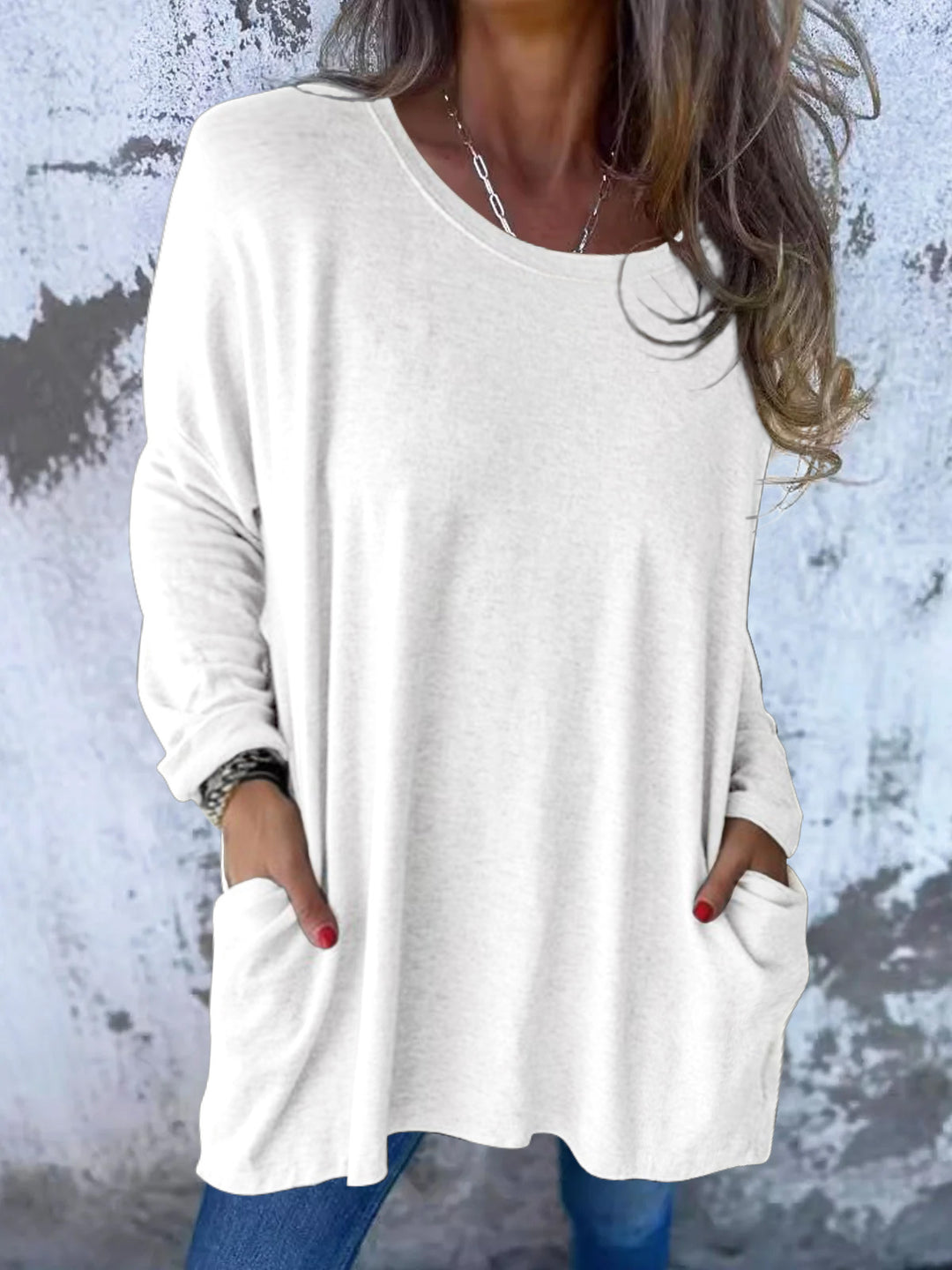 Ladies Soft Oversize Long Shirt with Round Neck, Casual Sleeves and Side Pockets Mune Fashion