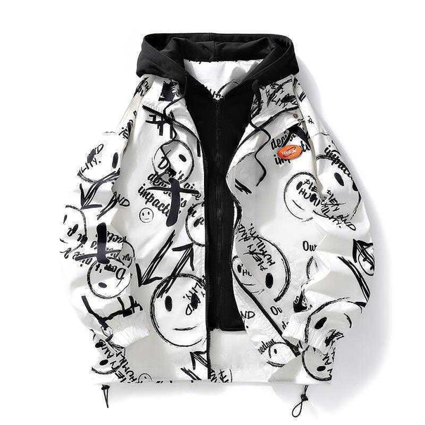 Men's multi-layer transitional jacket with hooded inner layer and smiley graffiti print Mune Fashion