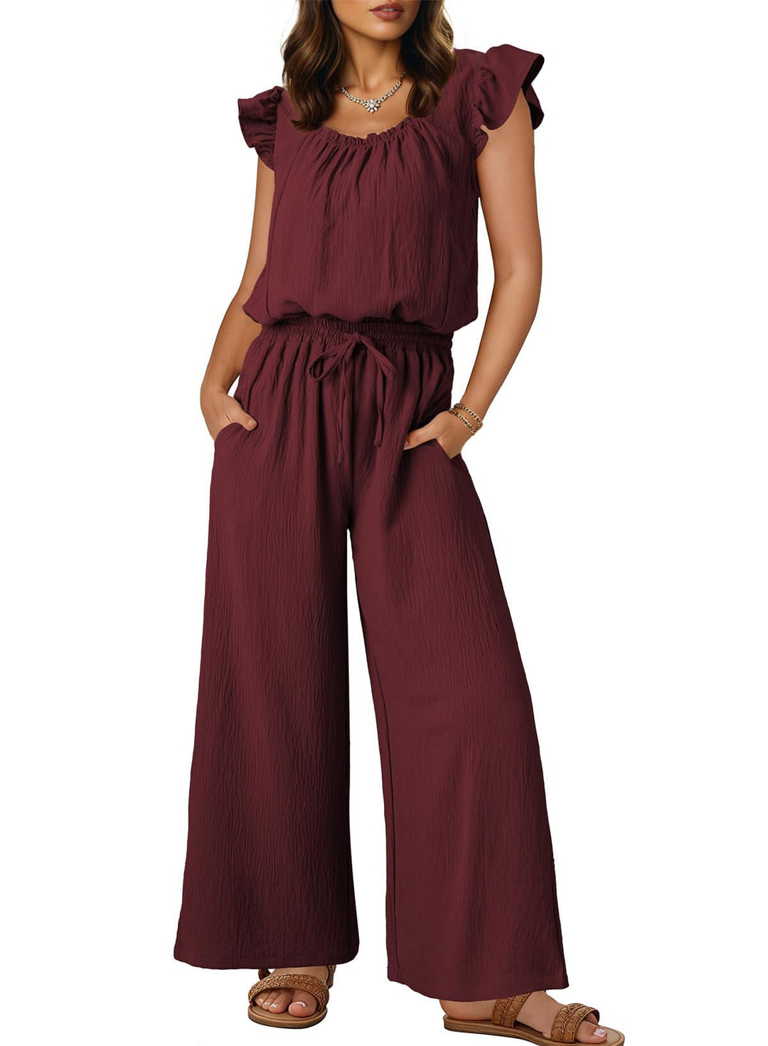 Women's Crinkle Jumpsuit with Wide Leg, Elastic Waistband, and Ruffled Sleeves Mune Fashion