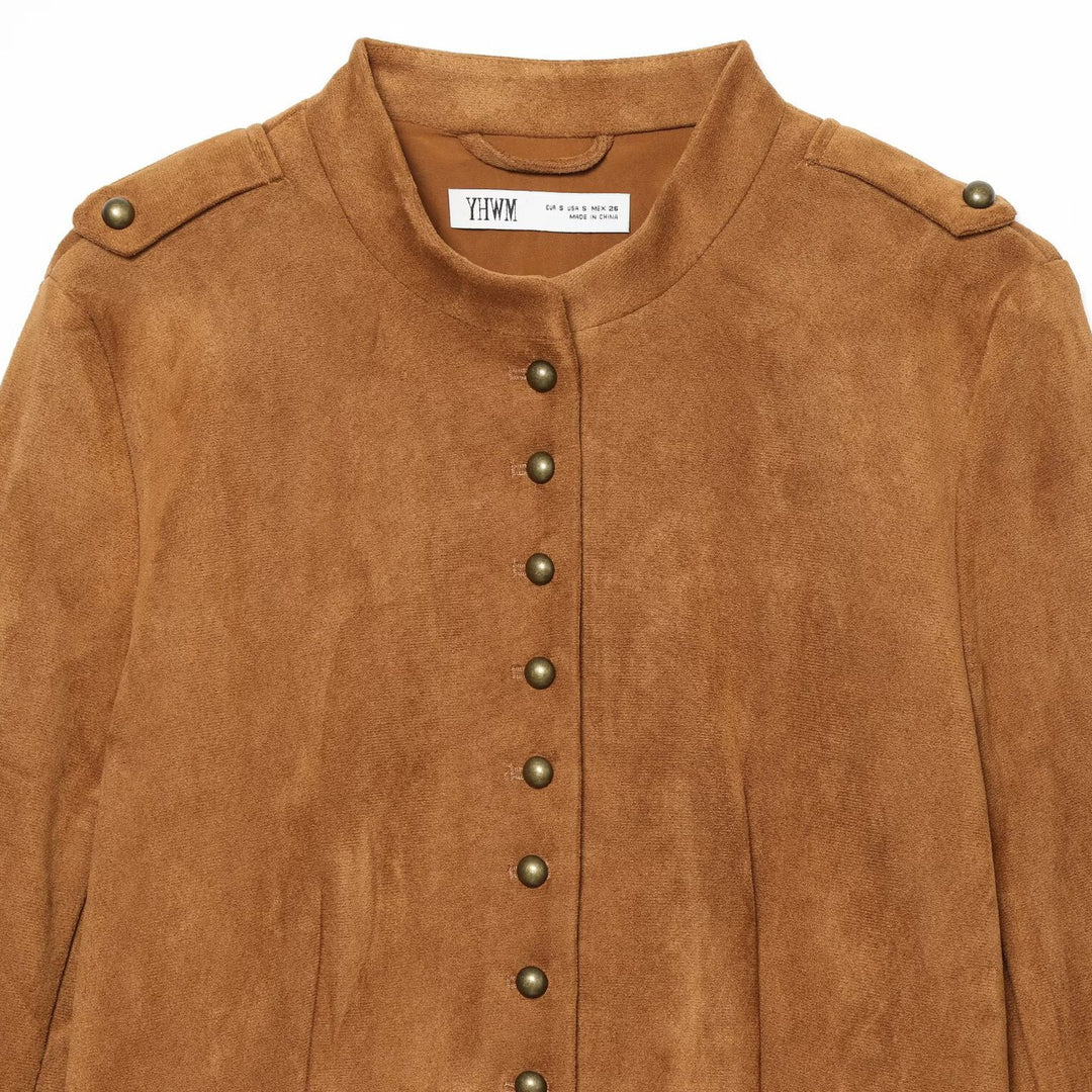 Women Short Jacket in Suede Look in Military Style with Stand-Up Collar and Asymmetrical Hem Mune Fashion