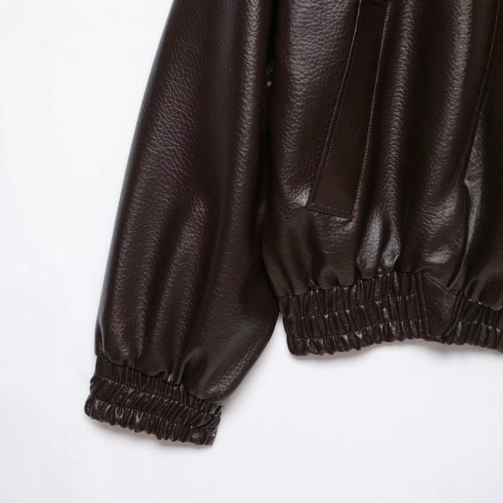 Women's Oversized Faux Leather Bomber Jacket with Epaulettes, Elastic Hem and Pockets Mune Fashion