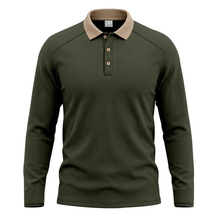 Men's long sleeve polo made of fine ribbed knit with contrast collar and button placket Mune Fashion