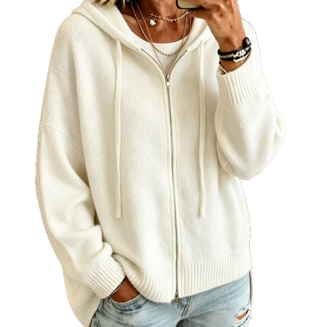 Women Chunky Knit Zip Hoodie Cardigan with Oversize Fit and Ribbed Cuffs Mune Fashion