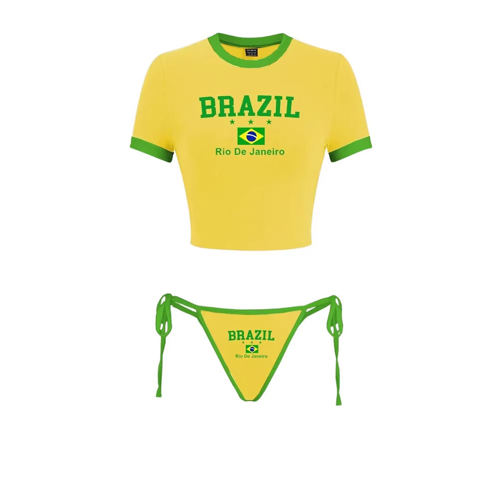 Women's set of cropped belly-free T-shirt and adjustable bikini bottom with Brazil print Mune Fashion