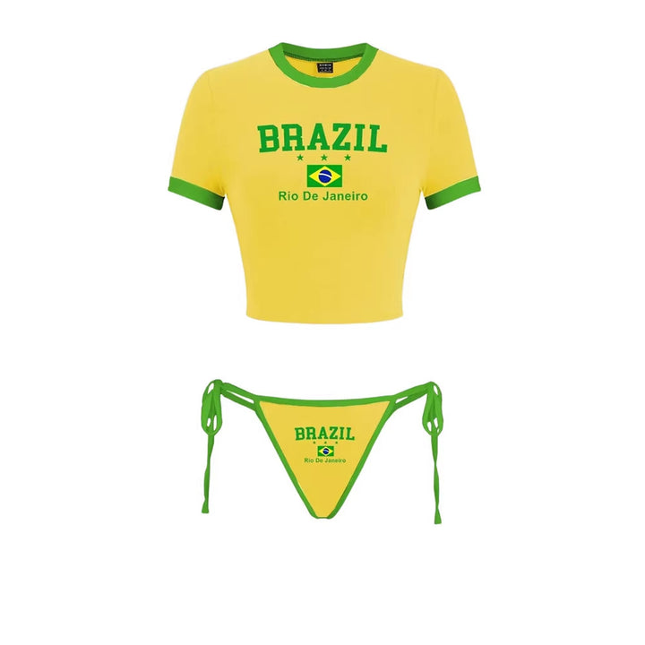 Women's set of cropped belly-free T-shirt and adjustable bikini bottom with Brazil print Mune Fashion