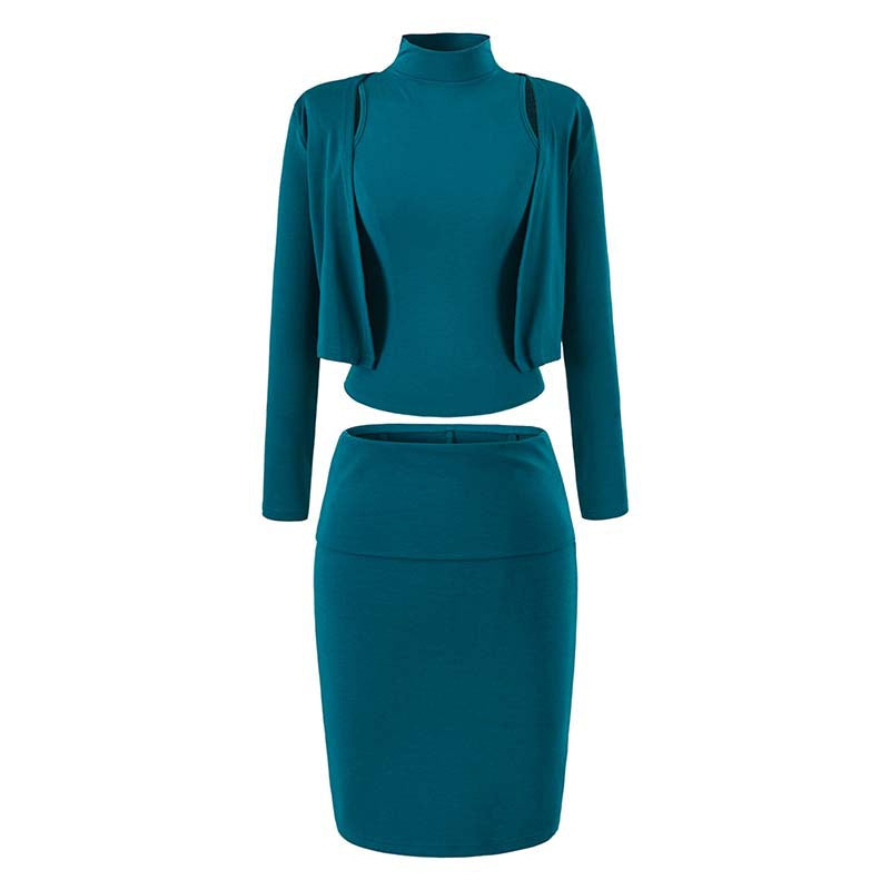 Ladies two-piece business knit set with turtleneck top, bolero, and pencil skirt Mune Fashion