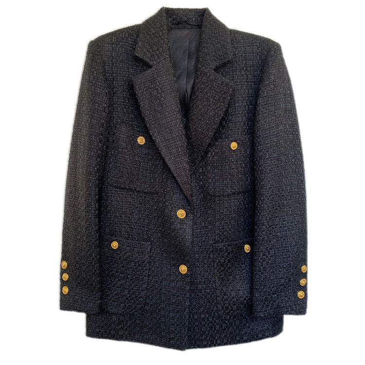 Women Elegant Tweed Blazer with Golden Buttons Mune Fashion