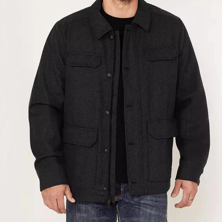 Men's Wool Field Jacket with Four Flap Pockets and Shirt Collar Mune Fashion